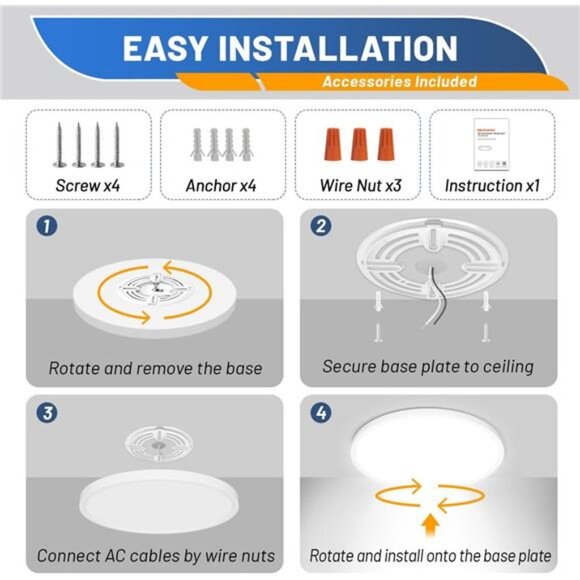 LED Flush Mount Ceiling Light Fixture, 12inch 24W 2880lm CCT 3000K/4000K/6500K - Picture 5 of 6